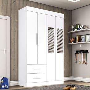 Guarda Roupa Solteiro  Com Espelho 4 Portas 2 Gavetas New Verona Sallêto Móveis - Branco