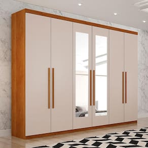 Guarda Roupa Casal Com Espelho 6 Portas 6 Gavetas Orion Sallêto Móveis - Cinamomo/Off
