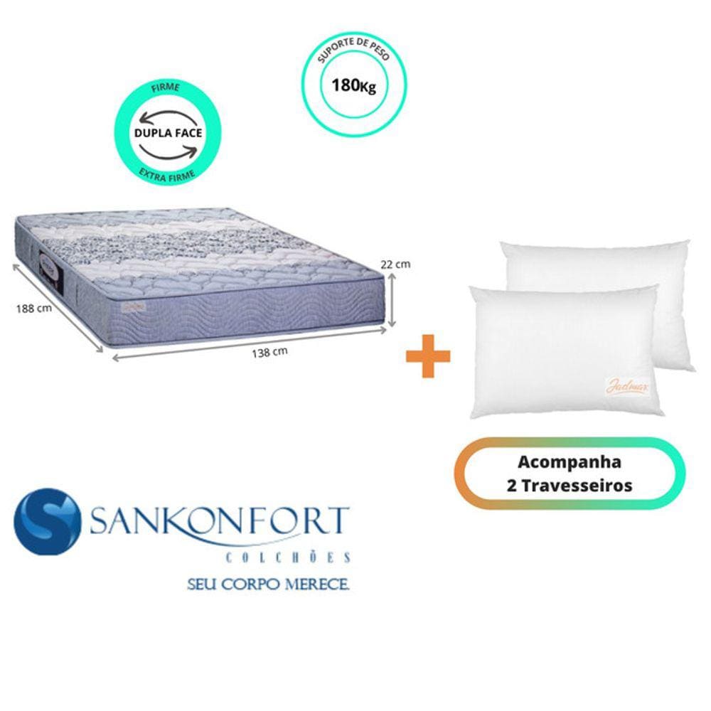 Colchão Sankonfort Protege Ortopédico Casal 138x188x22 + 2 Travesseiros Fibra