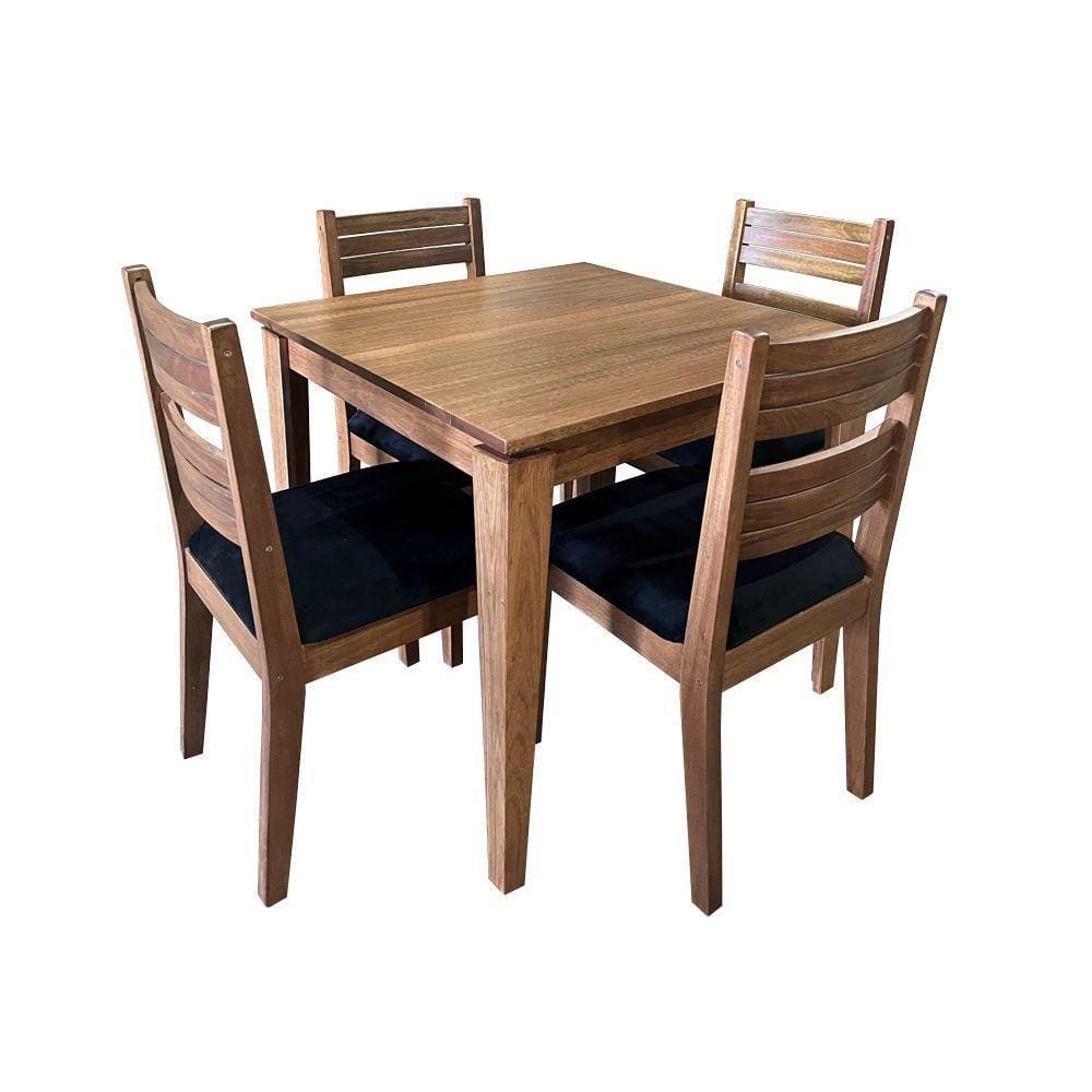 Conjunto De Mesa Madeira Maciça Itália P/ Restaurante C/ 4 Cadeiras Estofadas Preta 90x90cm Marrom