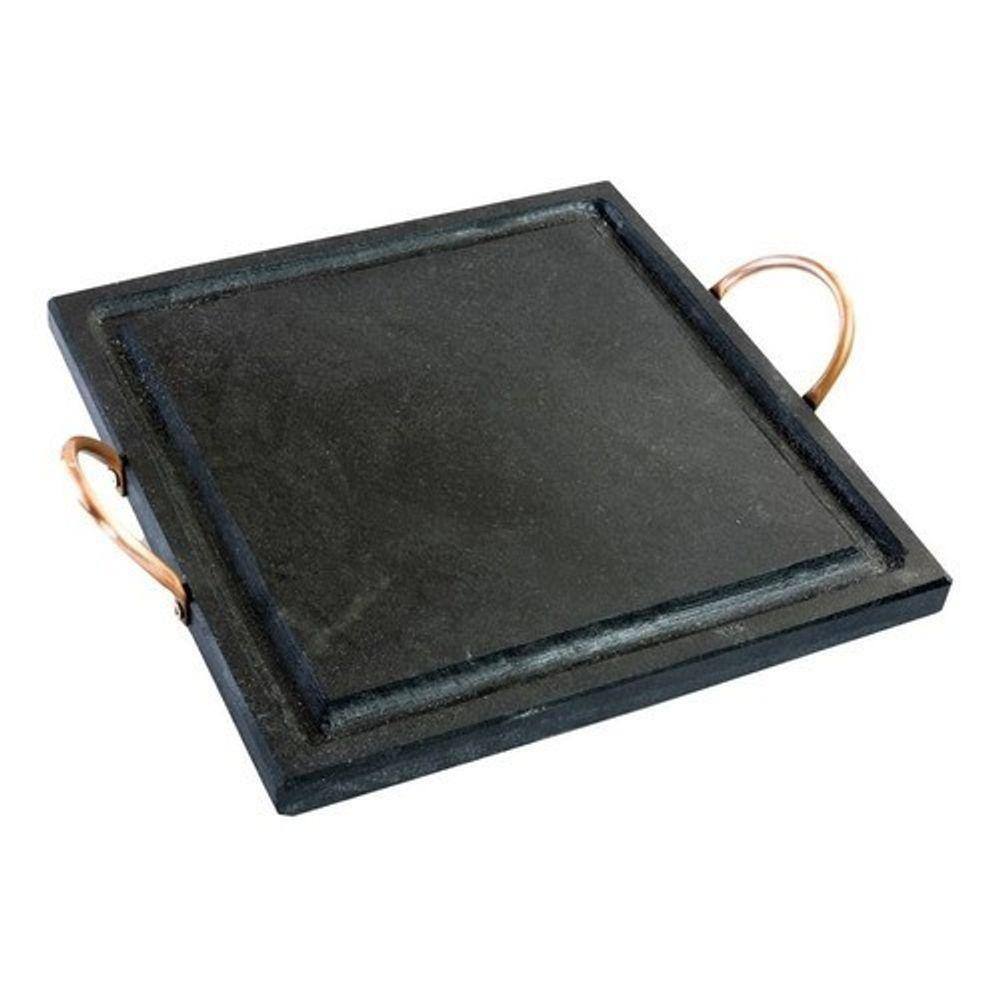 Kit 2 Grelha De Pedra Sabão Quadrada 25x25 Cm + 4 Cumbucas Com Suporte De Madeira