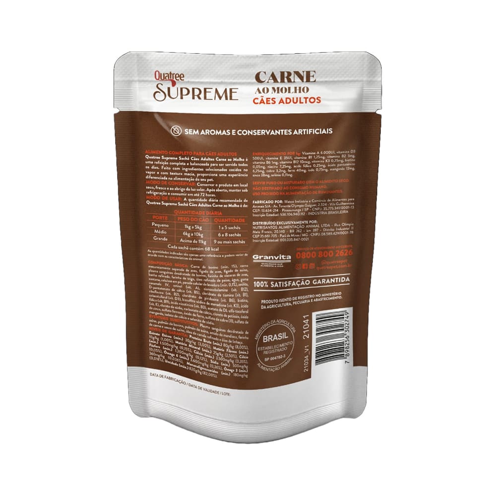 Ração Úmida Quatree para Cães Supreme Adulto Sabor Carne Sachê 100gr