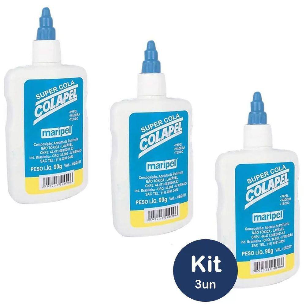 Cola Branca 90g Colapel Maripel Kit c/ 3 Unidades | Infantil Uso Escolar Escritório Papel Madeira Tecido