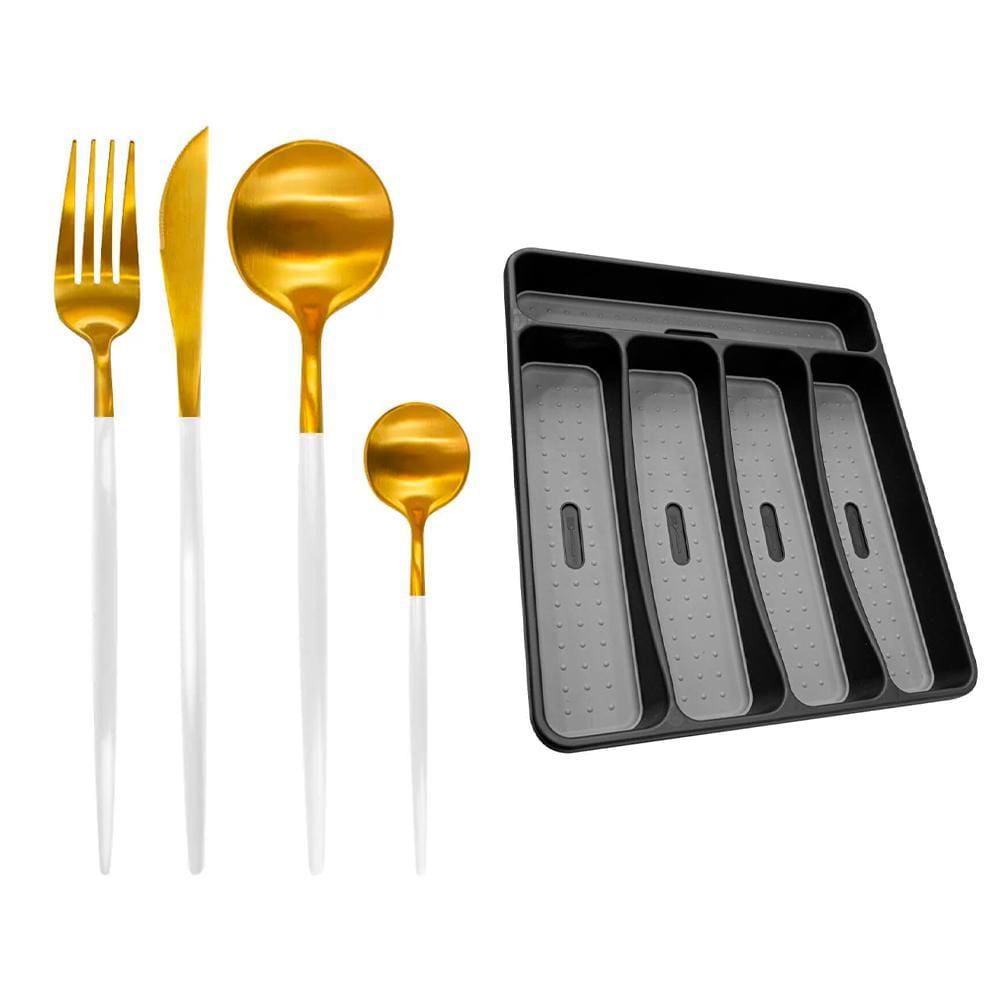 Faqueiro Inox com Suporte de Talheres 29cm 17 peças Lady Branco e Dourado - Casambiente