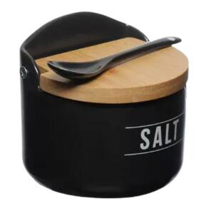 Saleiro De Cozinha De Porcelana Manhattan Hauskraft 300Ml Preto Com Tampa De Bambu E Colher