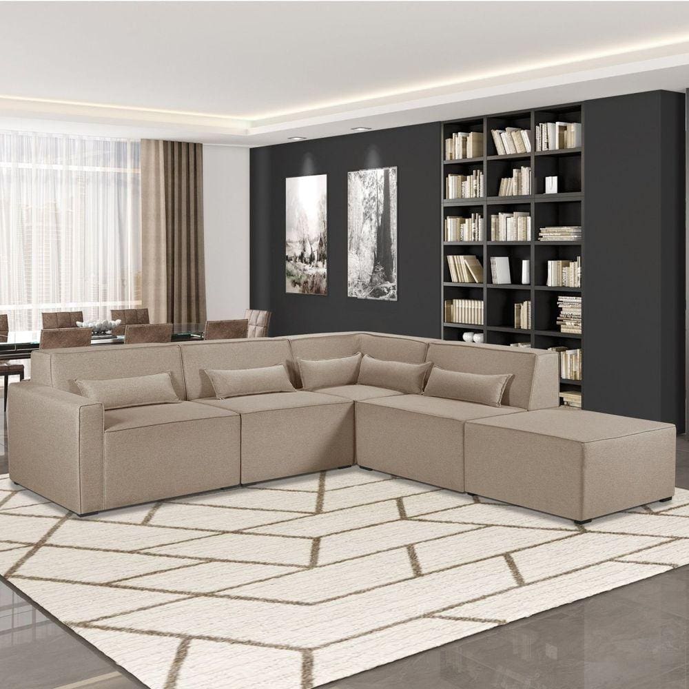 Sofá de Canto 4 Lugares com Puff 284cm Linho Lutz Yescasa Creme