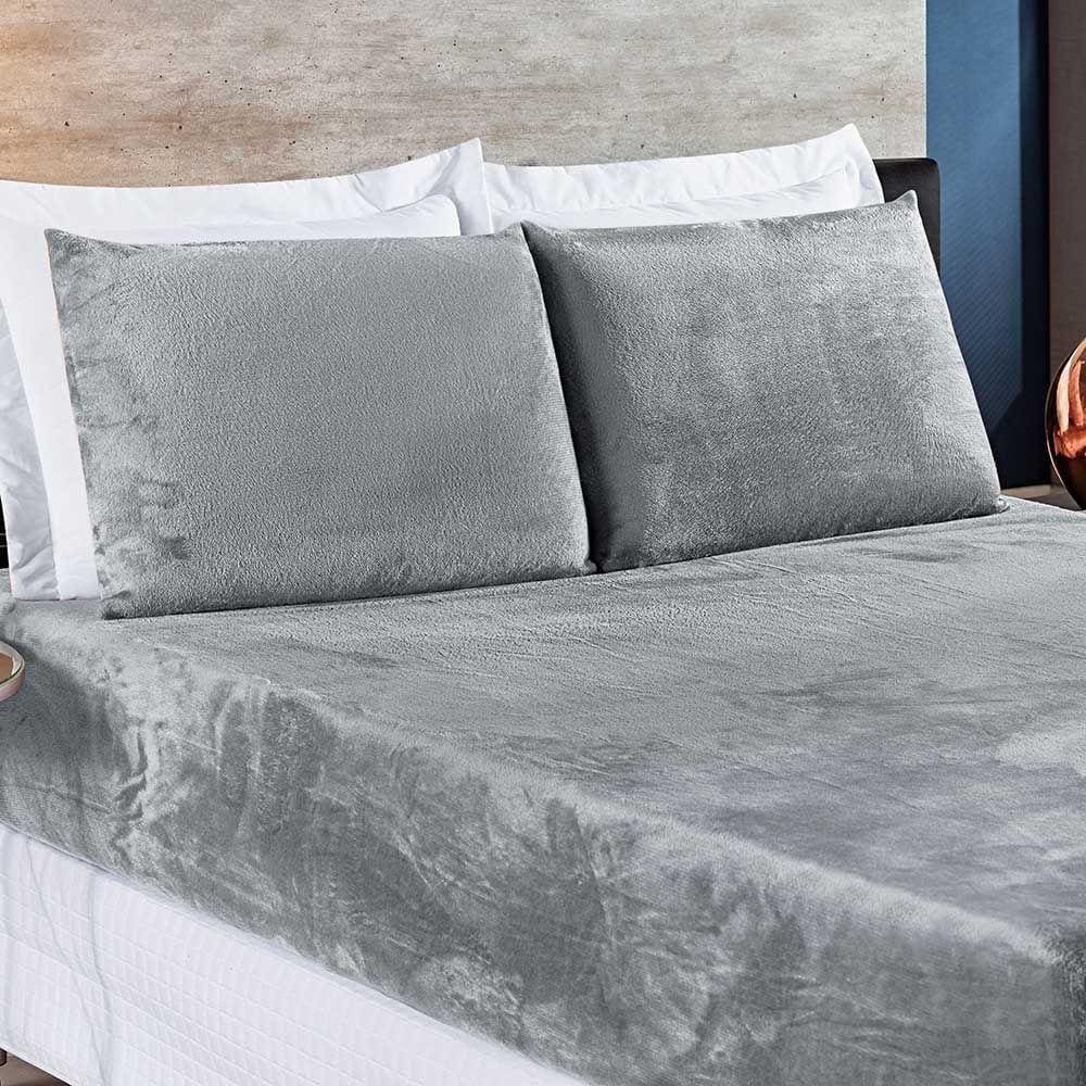 Jogo De Cama Lençol Biasoft Casal Queen Manta Flannel Toque Extra Macio 03 Peças - Cinza
