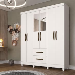 Guarda Roupa Casal com Espelho 6 Portas 2 Gavetas Estrela Sallêto Móveis - Branco