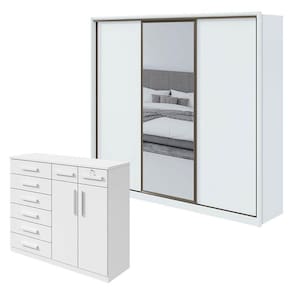 Guarda Roupa Spazio 270 com Espelho e Cômoda Toronto Branco Brilho - Lopas