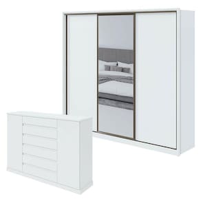 Guarda Roupa Spazio 270 com Espelho e Cômoda Vedra Branco Brilho - Lopas