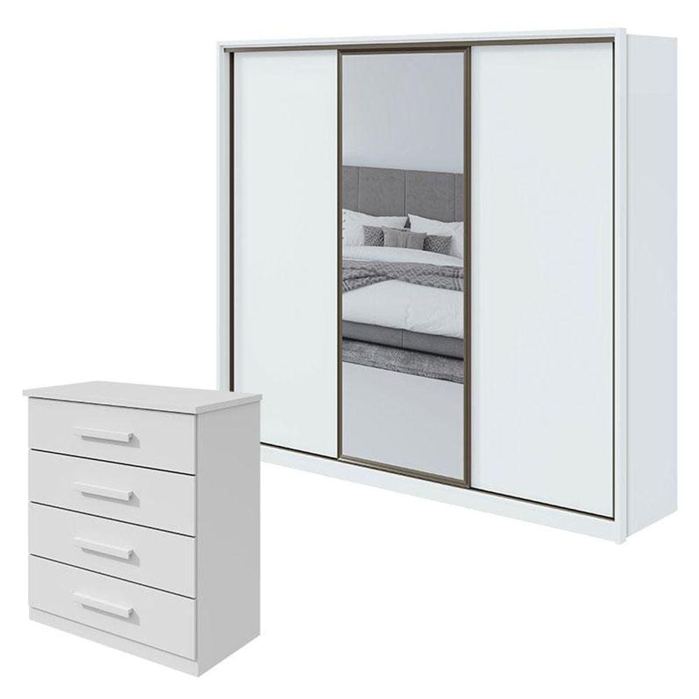 Guarda Roupa Spazio 270 com Espelho e Cômoda Baião Branco Brilho - Lopas
