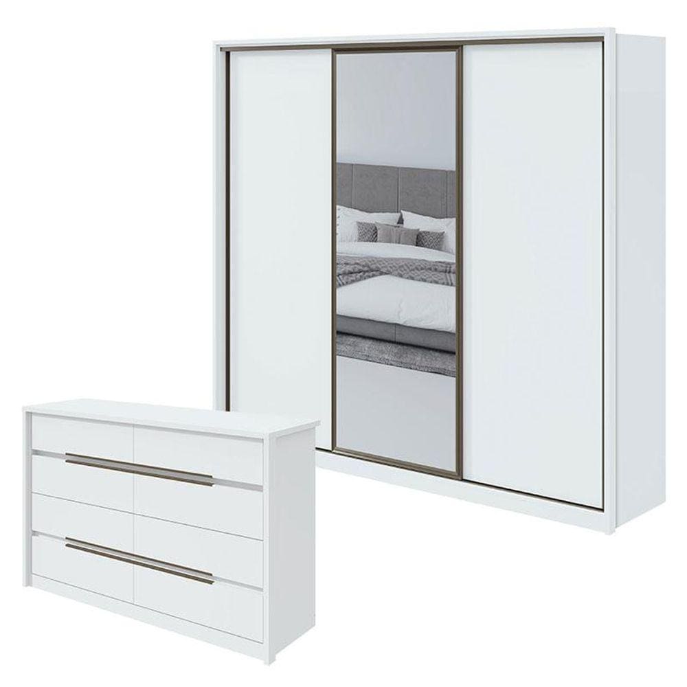 Guarda Roupa Spazio 270 com Espelho e Cômoda Urban Branco Brilho - Lopas