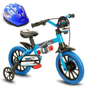 Bicicleta com Rodinha Aro 12 Infantil Veloz Menino Capacete Azul