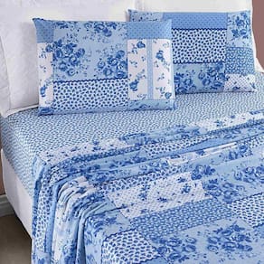 Jogo De Cama Lençol Casal Queen 04 Peças Microfibra Estampada Ayla - Azul Sereno