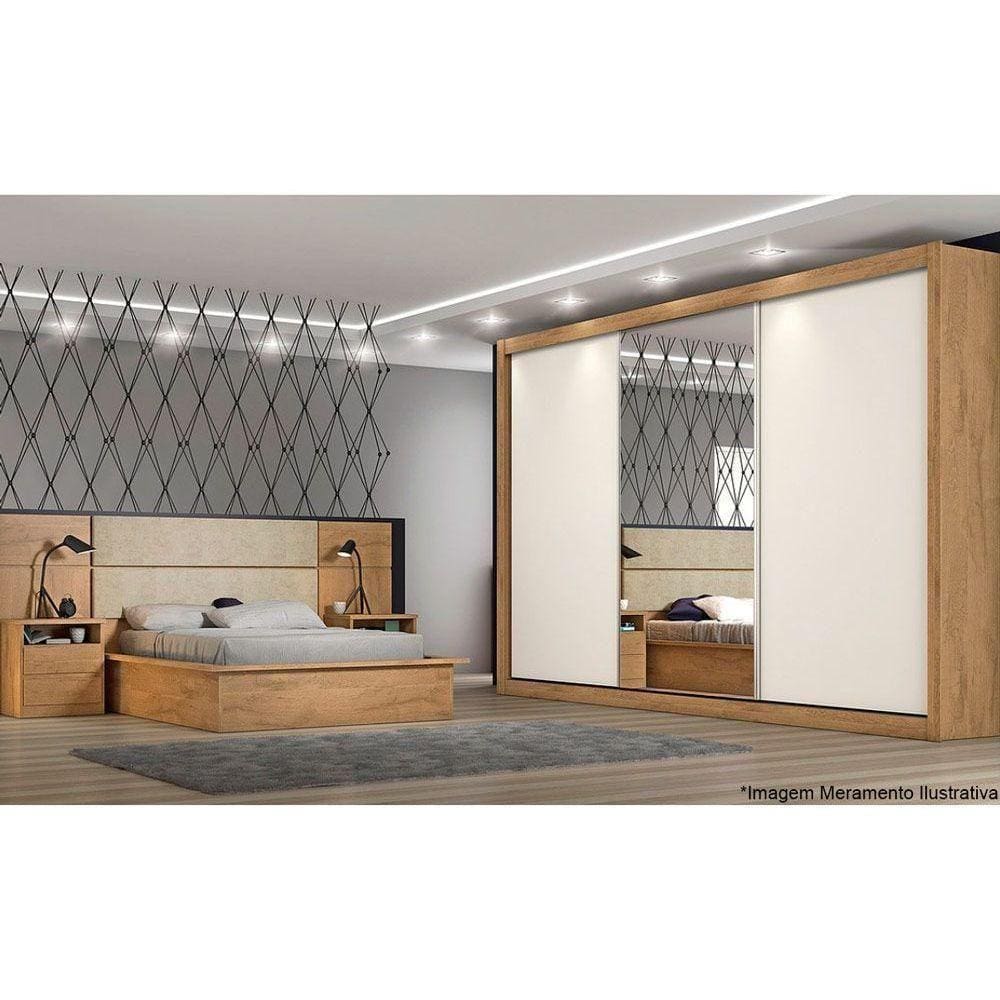 Guarda Roupa Casal 3 Portas De Correr E 6 Gavetas C/ 1 Espelho Toronto Amêndoa/off White - Europa