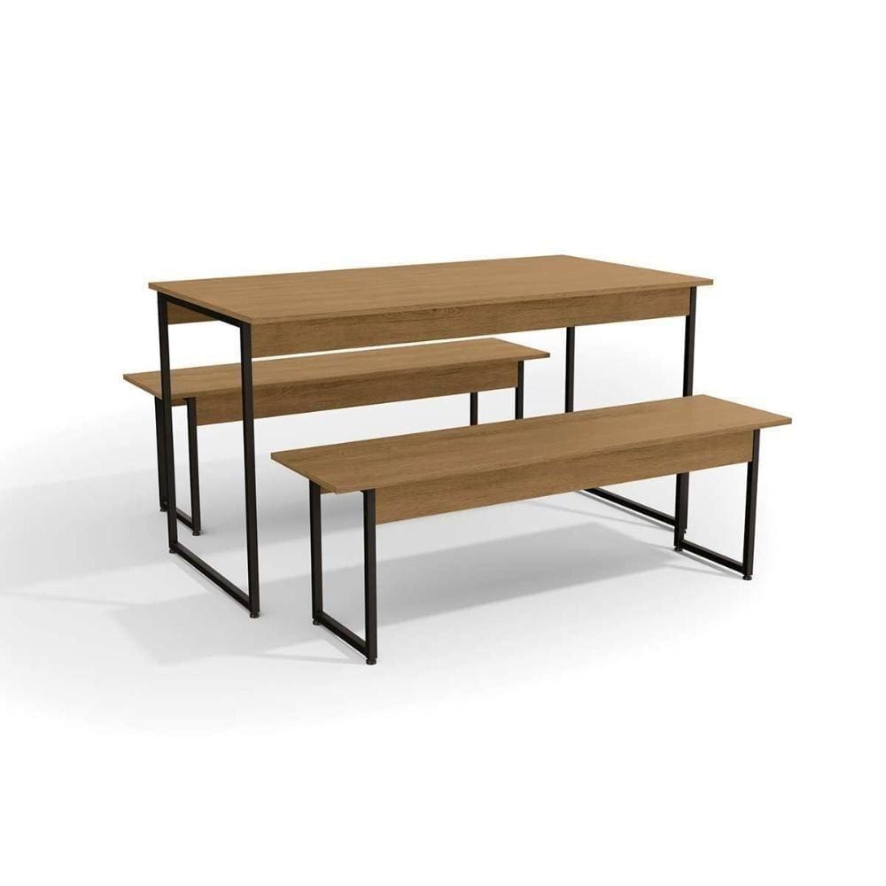 Conjunto: Mesa Sala Jantar Industrial Li013 Easy C/ Tampo Madeirado + 2 Bancos Freijo/preto