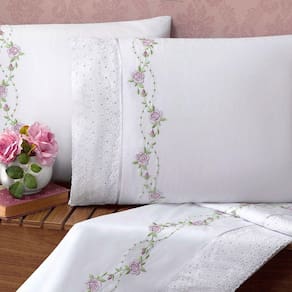 Jogo Cama Lençol Casal Queen Holambra 04 Peças Tecido Algodão 200 Fios Bordado Floral - Branco