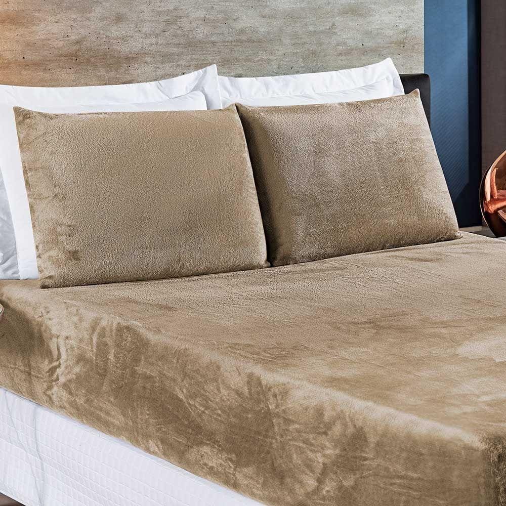 Jogo De Cama Lençol Biasoft Casal Padrão Manta Flannel Toque Extra Macio 03 Peças - Cáqui