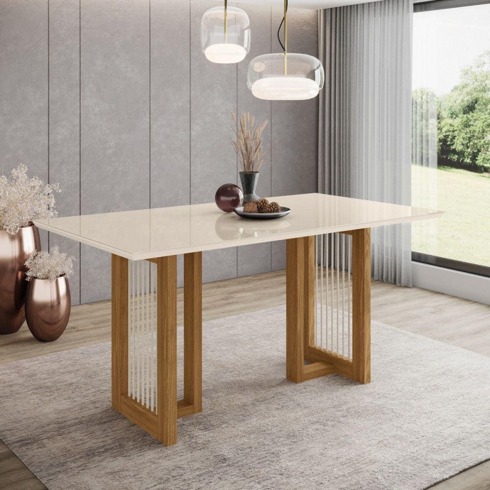 Mesa de Jantar com Tampo MDF e Vidro com Canto Reto 160 Cm Yara Henn