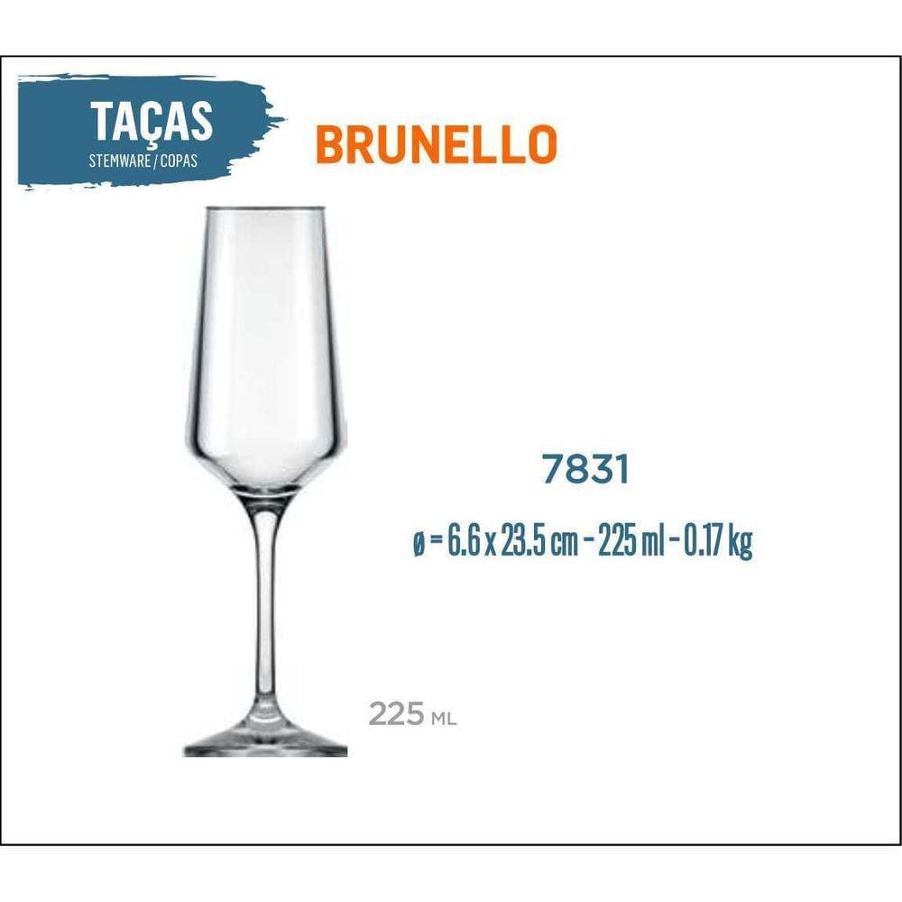06 Taças Brunello 225Ml - Champanhe Espumante Frisante