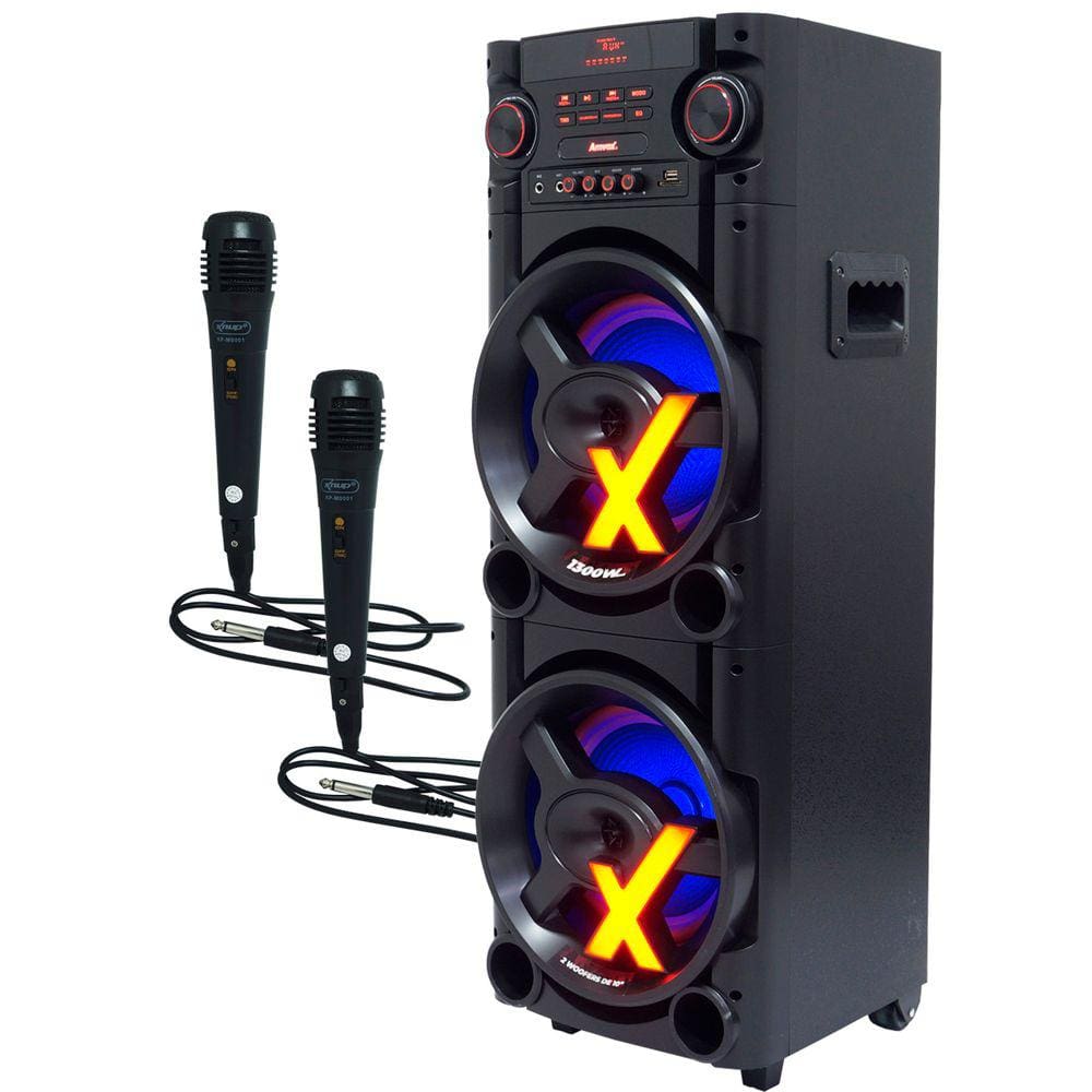 Caixa Som Amplificada Bluetooth 1300W Rms Woofer Mp3 Fm Usb Led Bivolt + 2 Microfones ACA 1300 New X