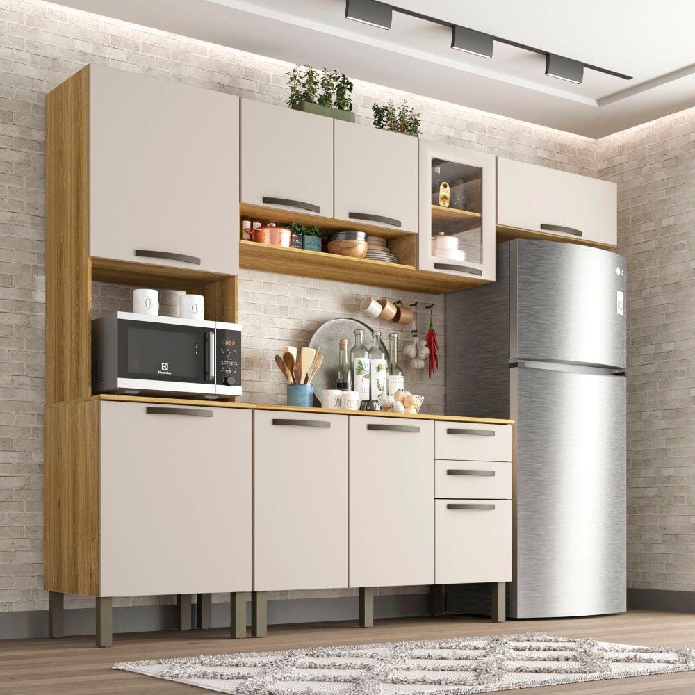 Cozinha Compacta 4 Peças 9 Portas 2 Gavetas Valência Sallêto Móveis Carvalho/Off