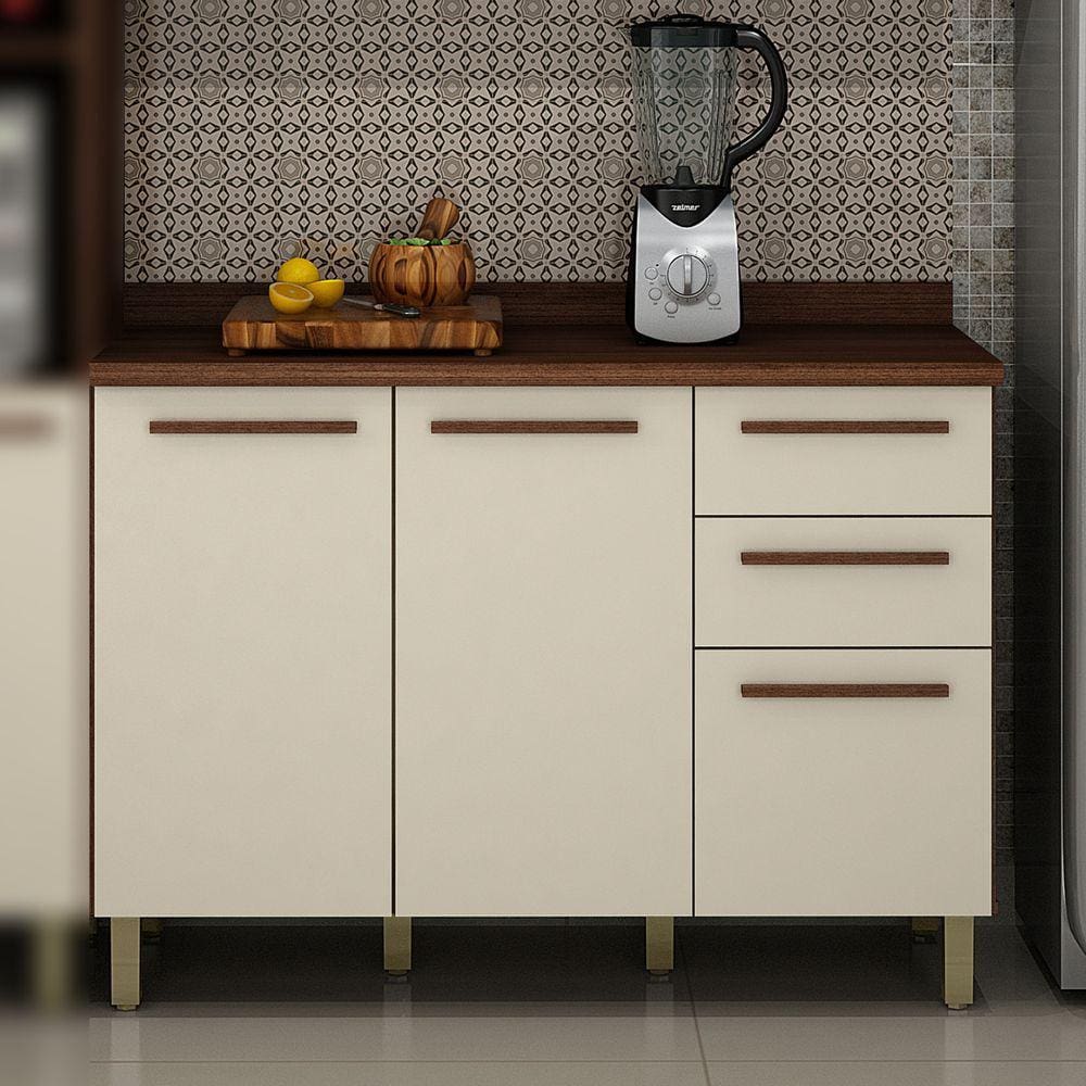 Balcão de Cozinha com Tampo 2 Portas 3 Gavetas Pérola Valdemóveis Chocolate/Off White