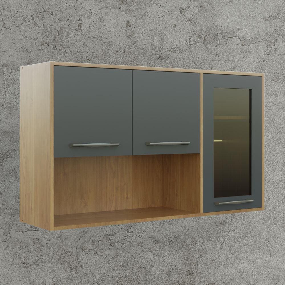 Armário Aéreo para Cozinha 3 Portas Detalhe em Vidro 1 Nicho 120cm Áustria Valdemóveis Cinamomo/Grafite