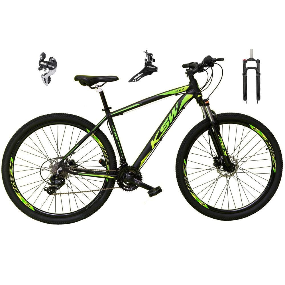Bicicleta Aro 29 Ksw Xlt 24v Câmbio Tras. Shimano Acera K7 Garfo Trava Freio a Disco - Preto\\Verde