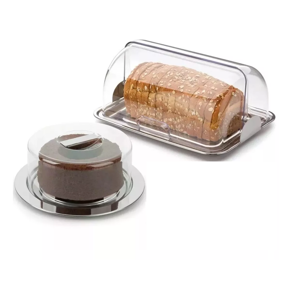 Kit Porta Pão e Boleira Aço Inox Tampa Acrílico Bolo Forma