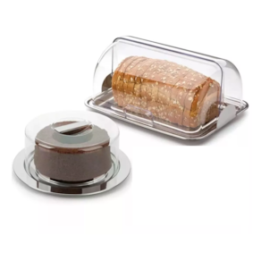 Kit Porta Pão e Boleira Aço Inox Tampa Acrílico Bolo Forma