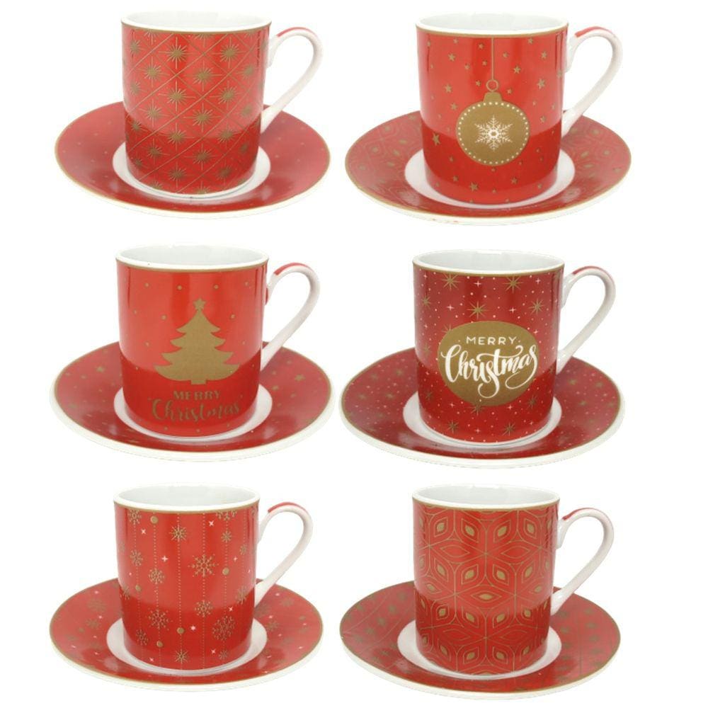 Jogo 6 Xícaras Com Pires Porcelana Fina Decorado Natal Prime