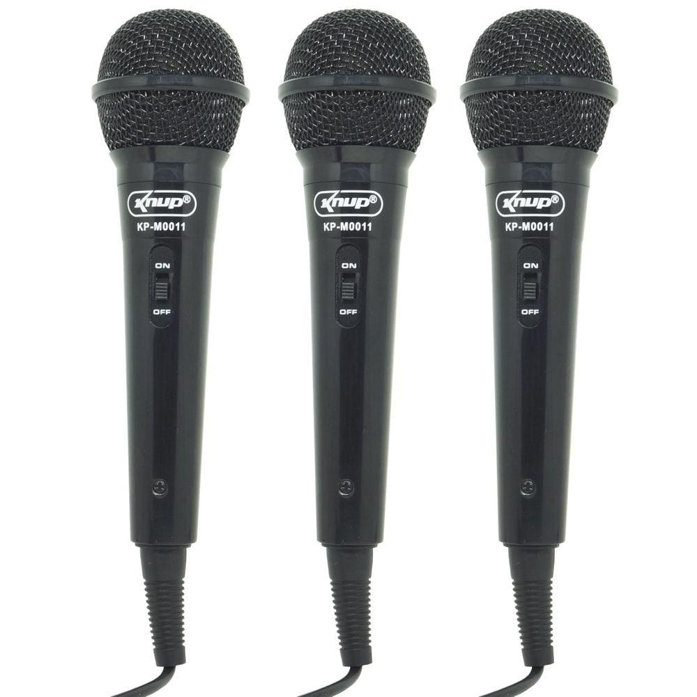 Kit 3 Microfones Dinâmico c/ Fio P10 P2 Cabo 2,8 Metros Karaokê e Caixa de Som Knup KP-M0011 Preto