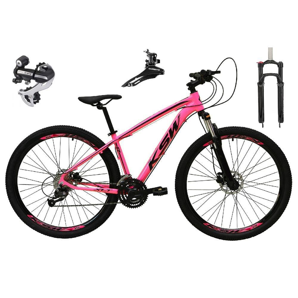 Bicicleta Aro 29 Ksw Xlt 24v Câmbio Tras. Shimano Acera K7 Garfo Trava Freio a Disco - Rosa
