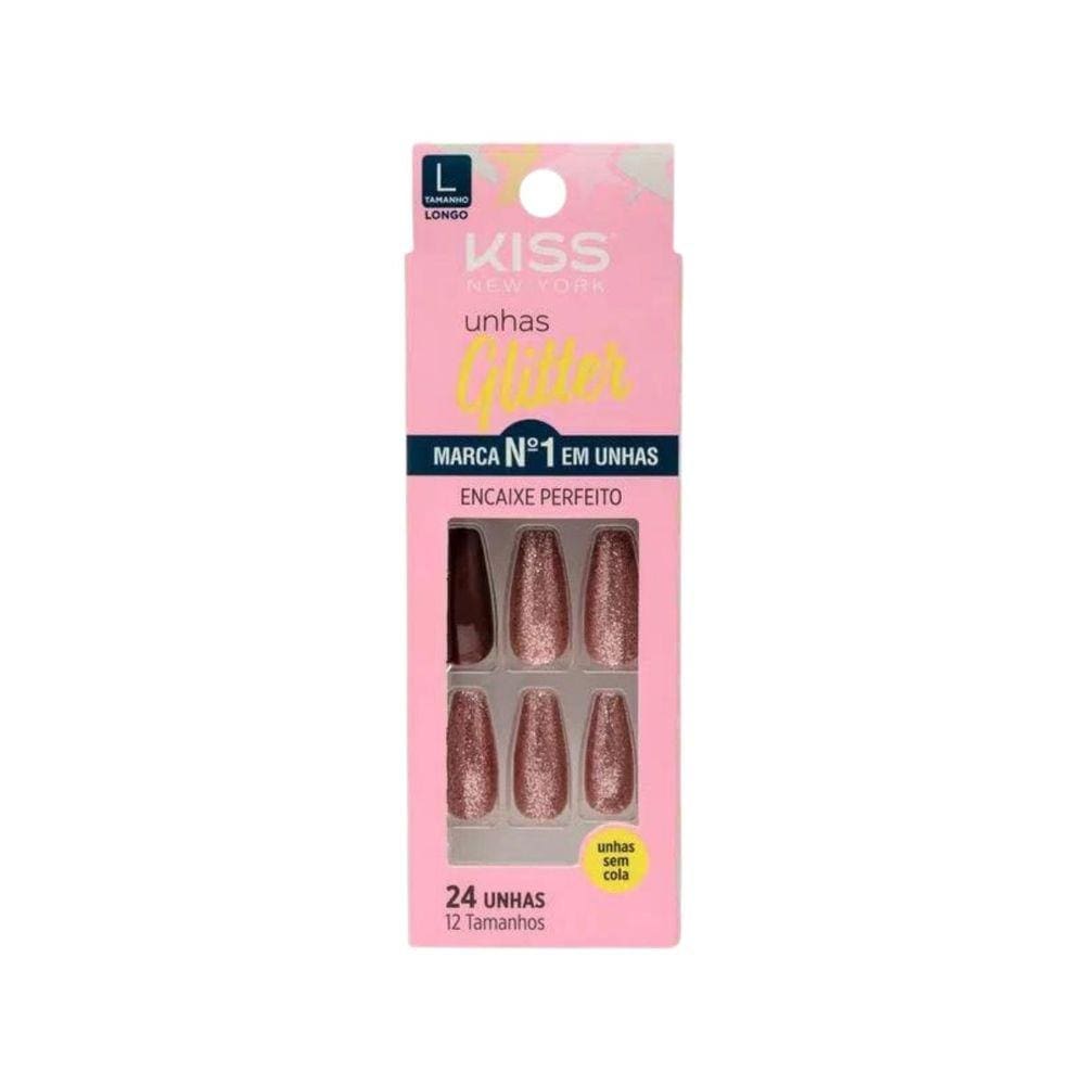 Unhas Postiças Glitter Kiss New York Vinho Tinto Bailarina Longo