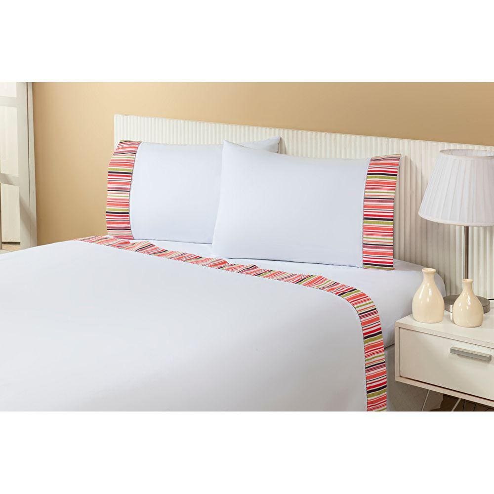 Jogo Lençol 4 Peças Cama Viúva 2,03mx1,20mx40cm 100% Algodão 200 Fios Ponto Palito Listrado