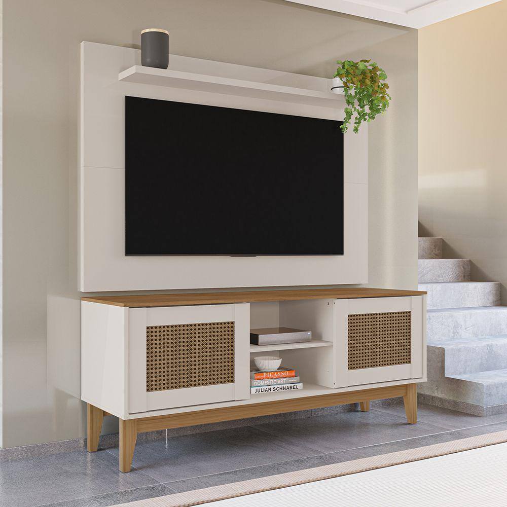 Rack 02 Portas e Painel Safira Off White Cedro Rattan Casa D