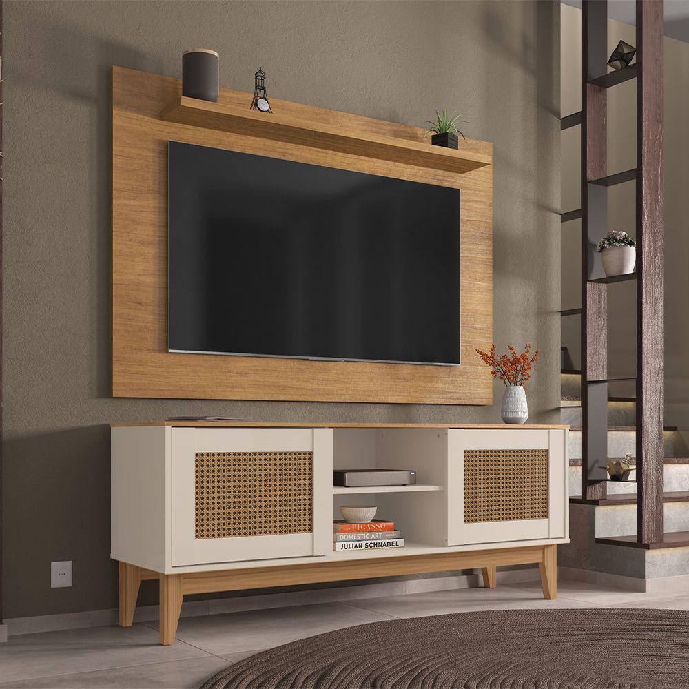 Rack 02 Portas e Painel Safira Cedro Off White Rattan Casa D