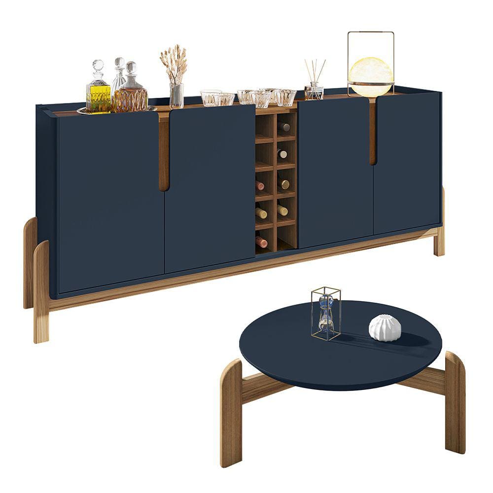 Buffet 04 Portas 190 cm e Mesa de Centro Lizz Azul Cedro Casa D