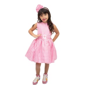 Vestido Rosa Infantil Xadrez Boneca Pink Princesa com Tiara