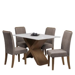 Conjunto de Mesa Sala de Jantar Tampo Com Vidro Grécia 4 Cadeiras Off White/Mascavo/Cedro 1,36m Dobuê