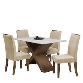 Conjunto de Mesa Sala de Jantar Tampo Com Vidro Grécia 4 Cadeiras Off White / Bege / Cedro 1,36m Dobuê