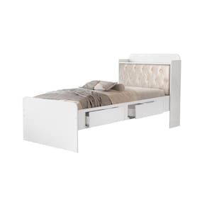 Cama Tamires Baú 2 Gavetas Solteiro Com Capitonê Branco/Bege – VJ Móveis