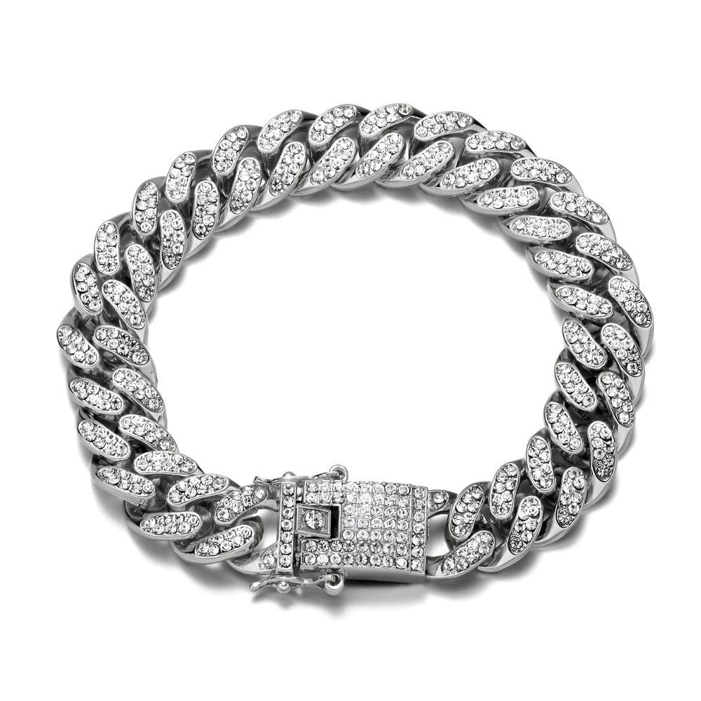 Pulseira Masculina Cravejada Cuban Prateada Grumet Aço Inox