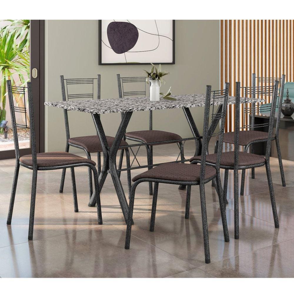 Conjunto Mesa Miami 150cm Granito 6 Cadeiras Santiago Assento Courino Preto/Prata/Cacau