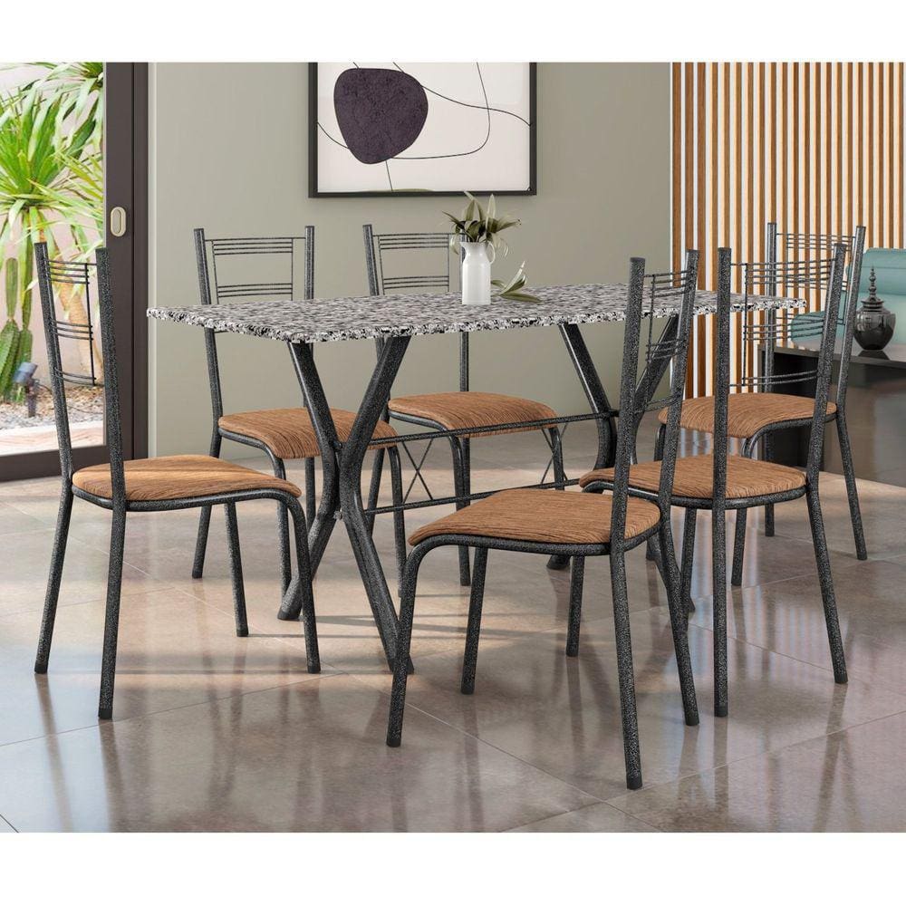 Conjunto Mesa Miami 150cm Granito 6 Cadeiras Santiago Assento Courino Preto/Prata/Amadeirado