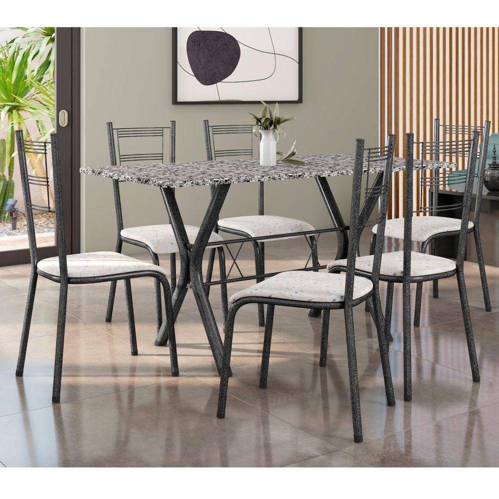 Conjunto Mesa Miami 150cm Granito 6 Cadeiras Santiago Assento Courino Preto/Prata/Floral Bege