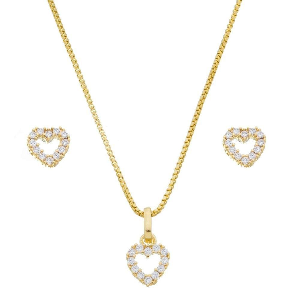 Conjunto Kit Colar Brinco Pingente Coração Banhado à Ouro