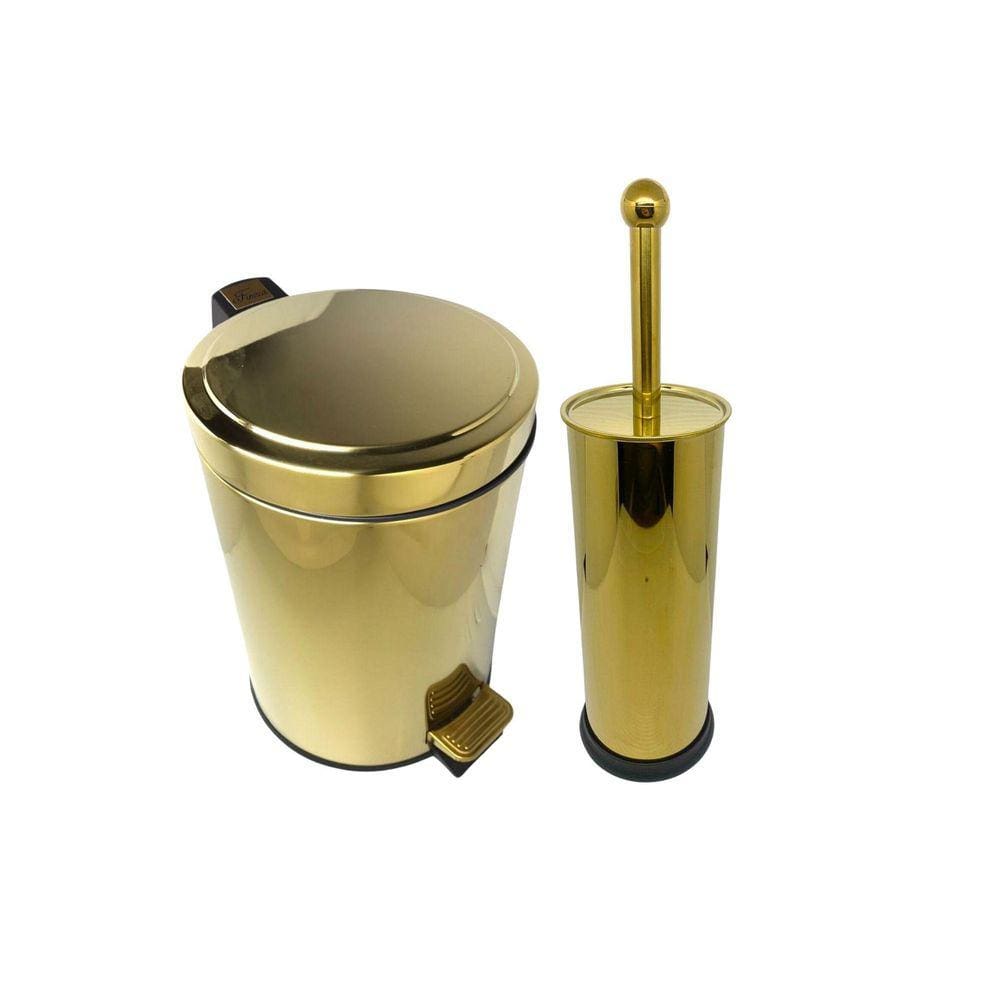 Kit Lavabo Inox Dourado Lixeira 12L Escova Sanitaria France