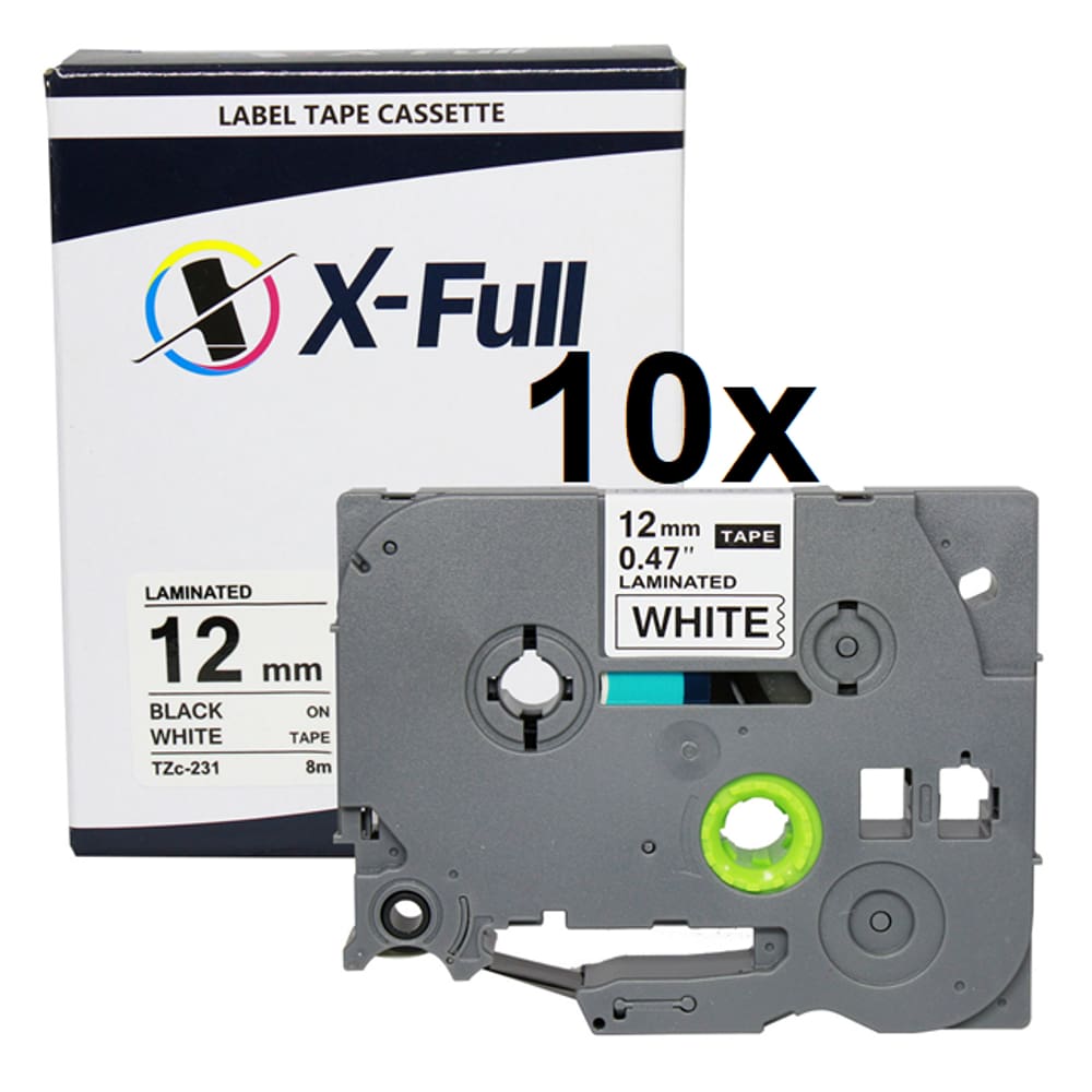 Kit 10 Fita Compatível Brother Tz 231Branca Letra Preta 12mm